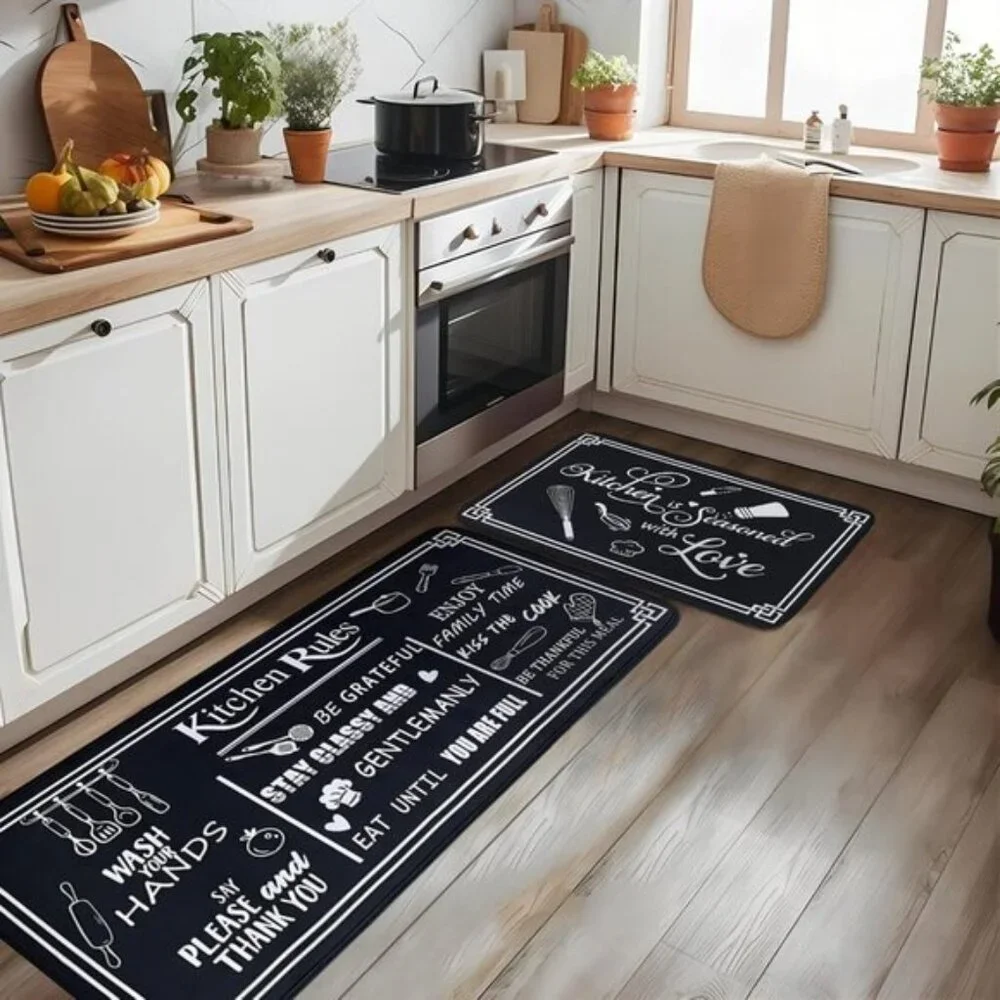 New Black and White Kitchen Rugs, Set of 2 Non-Skid Washable Cushioned Mats